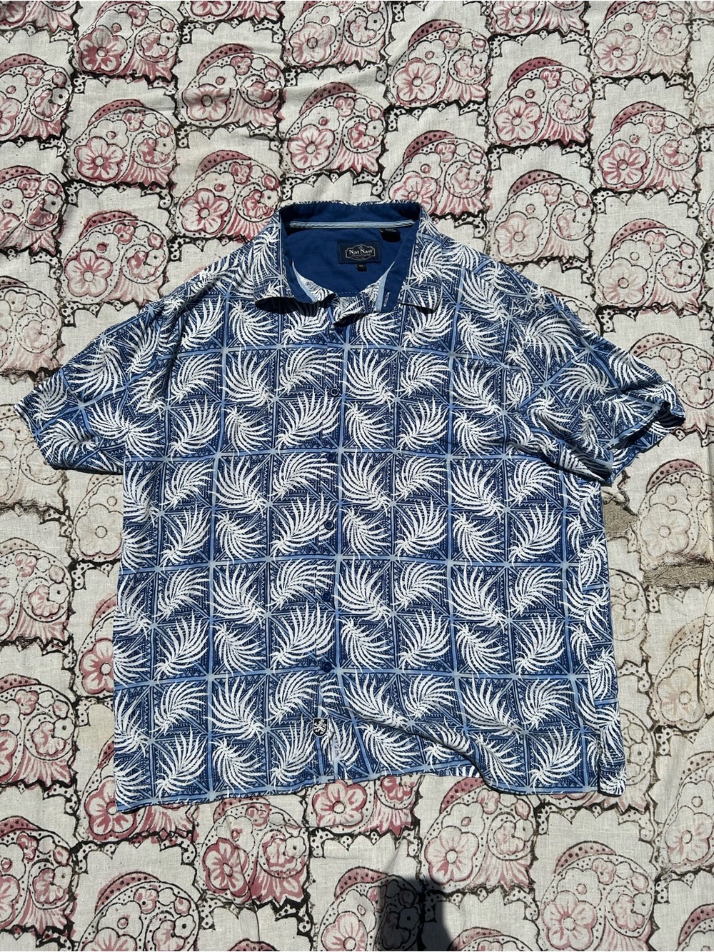 Nat Nast Blue and White Palm-Print Short-Sleeve Polo